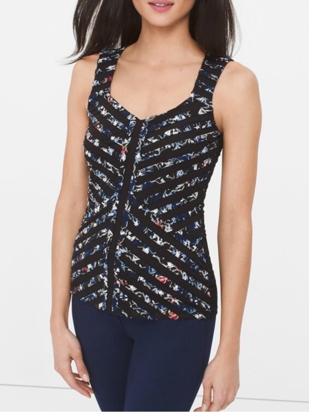 White House Black Market Black Slimming Striped Floral Top